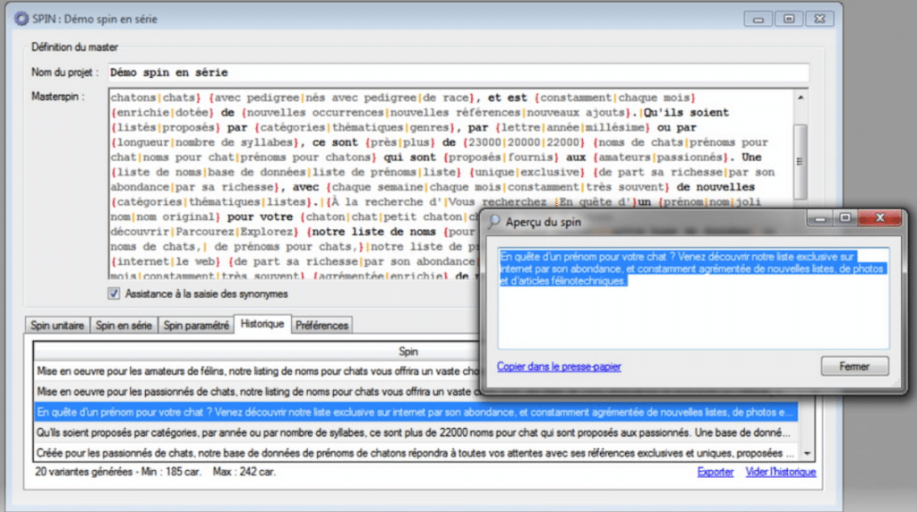 Exemple de content spinning sur logiciel