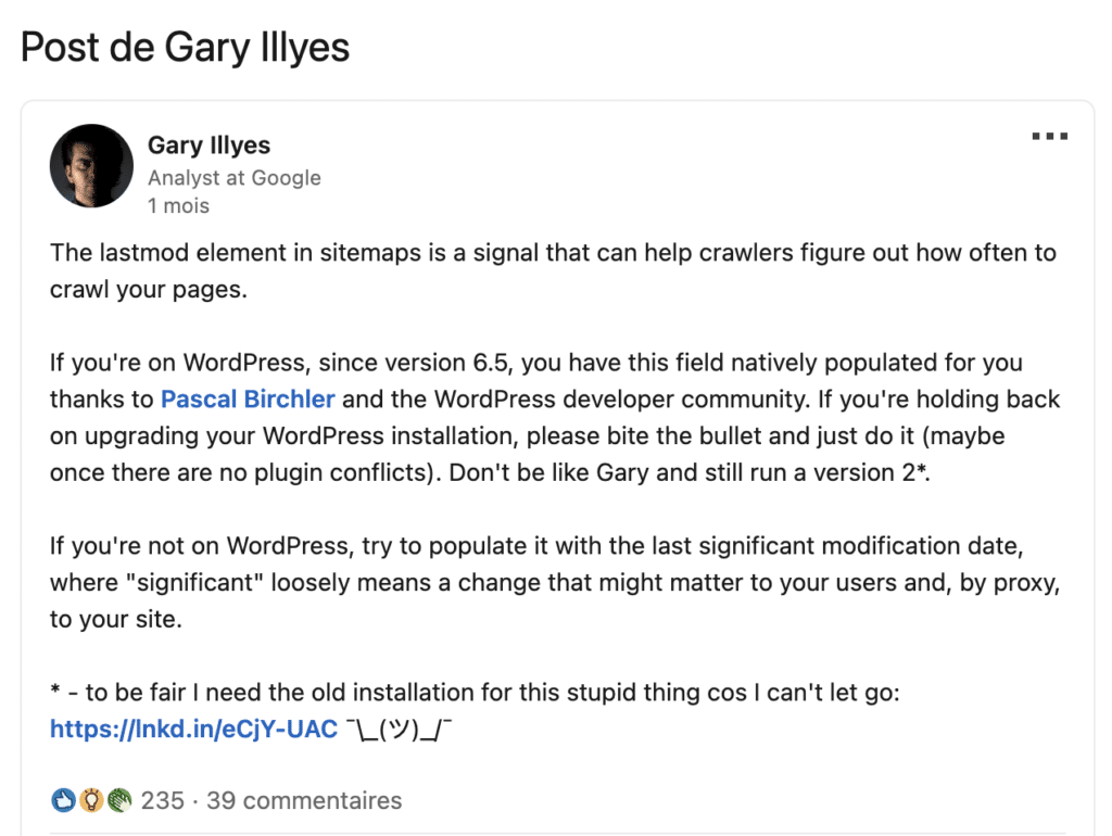 Le commentaire LinkedIn de Gary Illyes au sujet de l'élément lastmod