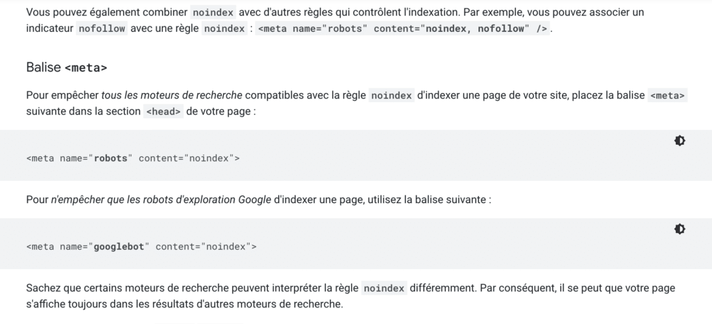 Les règles pour empêcher un contenu d'être indexé par Google avec la balise noindex