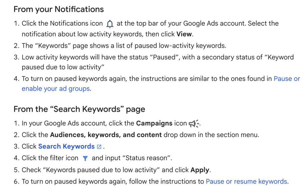 Les conseils de Google Ads pour surveiller les mots-clés inactifs directement depuis son compte