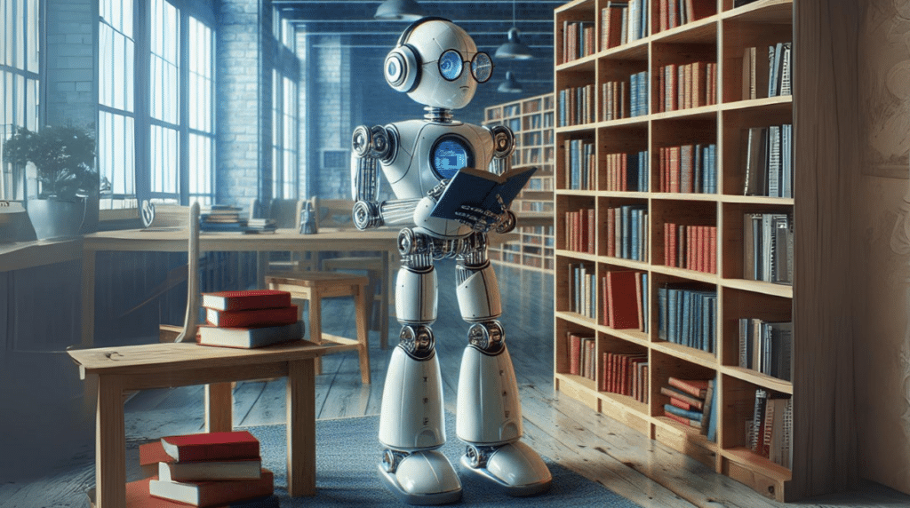 image copilot robot dans une bibliothèque