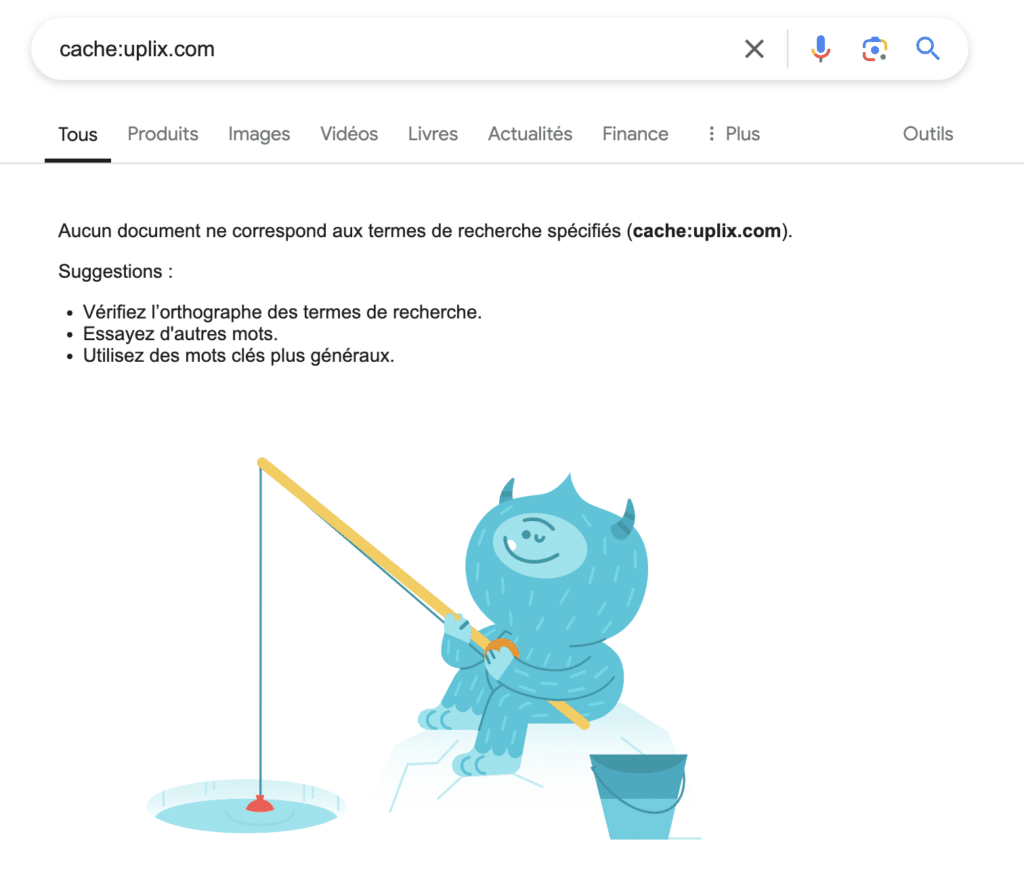 Capture d'écran montrant que le lien de cache Google Uplix a disparu