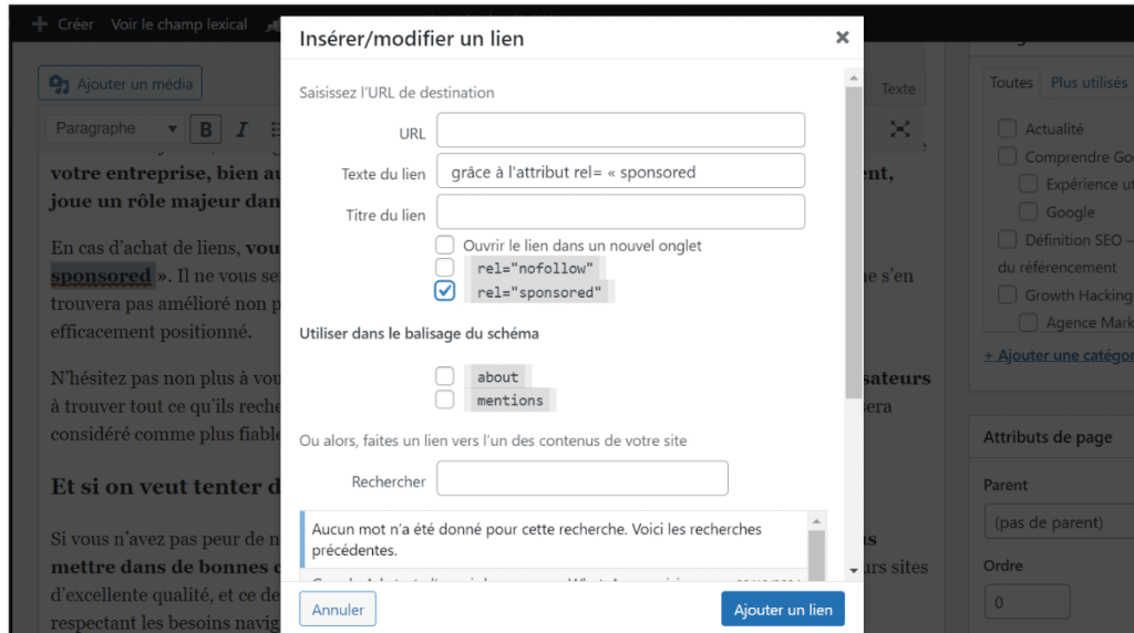 Paramétrage de lien sponsorisé