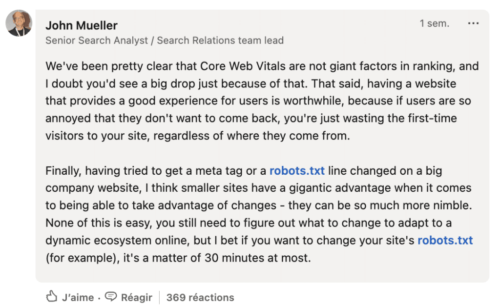 L'impact des Core Web Vitals est plus minime que prévu, selon les dires de John Mueller