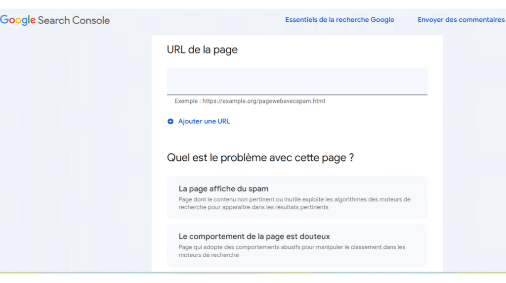 Google Spam report page principale