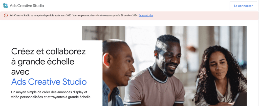 Un bandeau rouge vient signaler la fermeture prochaine de ads creative studio
