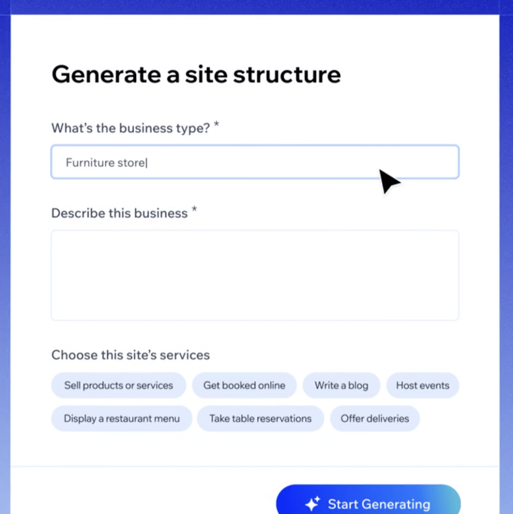 Le formulaire à partir duquel l'IA de Wix peut imaginer la structure d'un site web (wireframe)