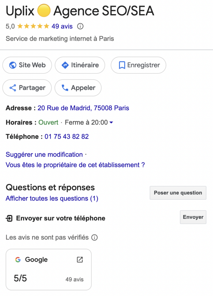 Capture d'écran fiche Google My Business Uplix.