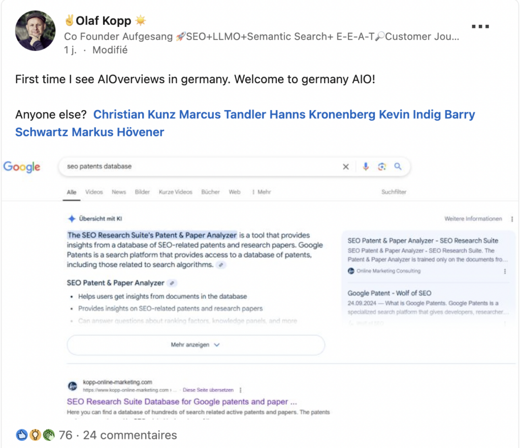 Post LinkedIn d'Olaf Kopp sur l'arrivée des AI Overviews en Allemagne.